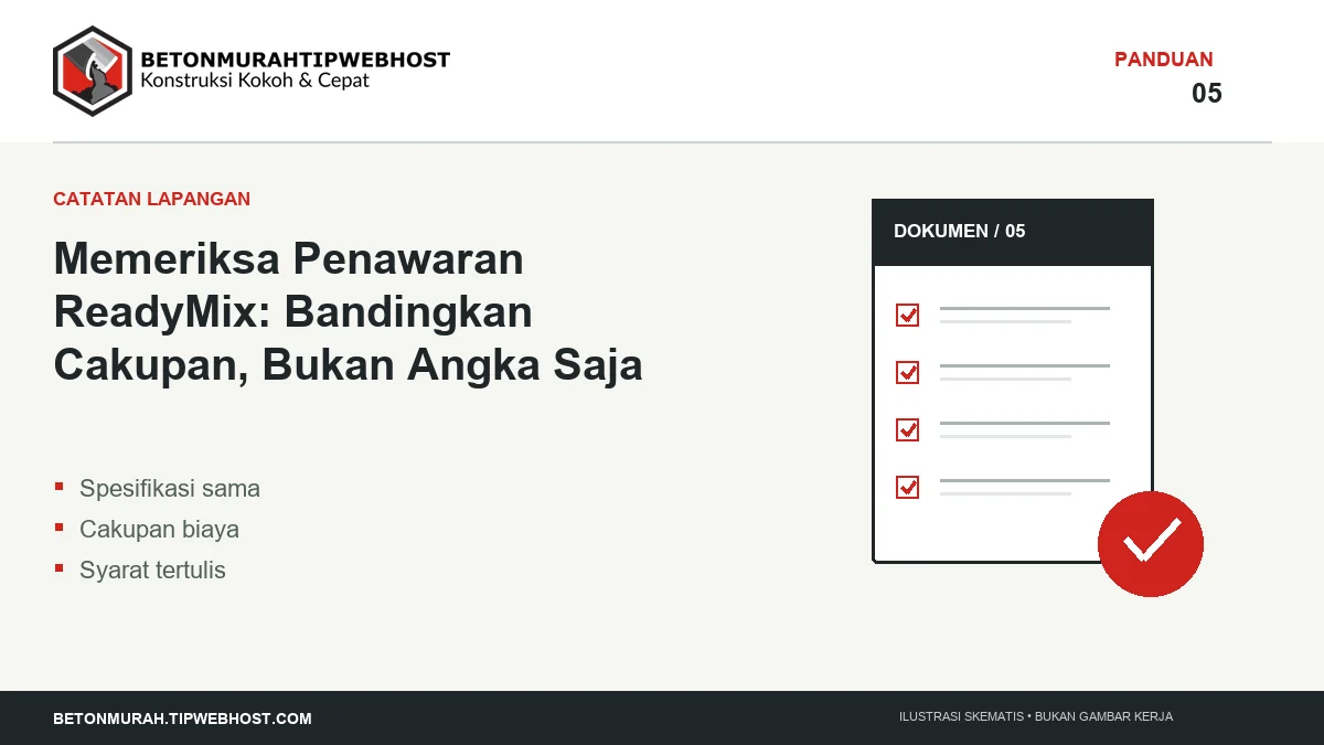 Ilustrasi Memeriksa Penawaran ReadyMix: Bandingkan Cakupan, Bukan Angka Saja berlogo Beton Murah Tipwebhost